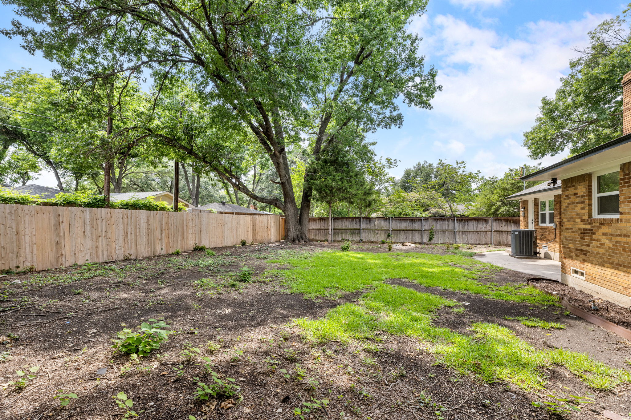 Oversized backyard with mature trees