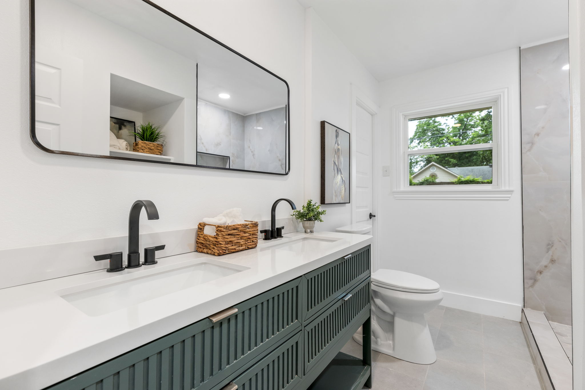 Primary bath with double vanity and walk-in shower